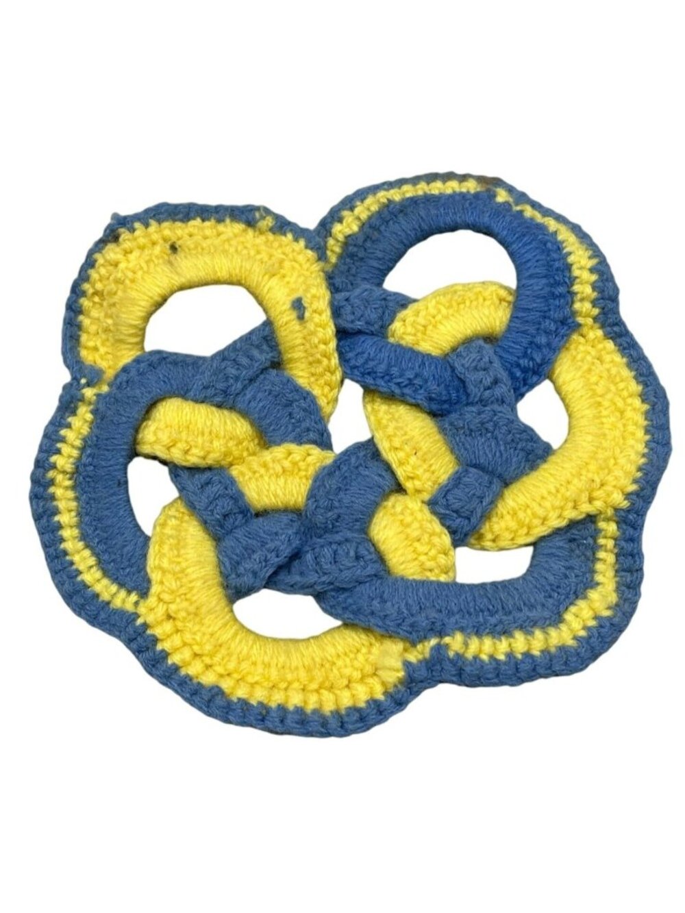 vintage crocheted amish style knot pot holder trivet blue yellow 8" READ